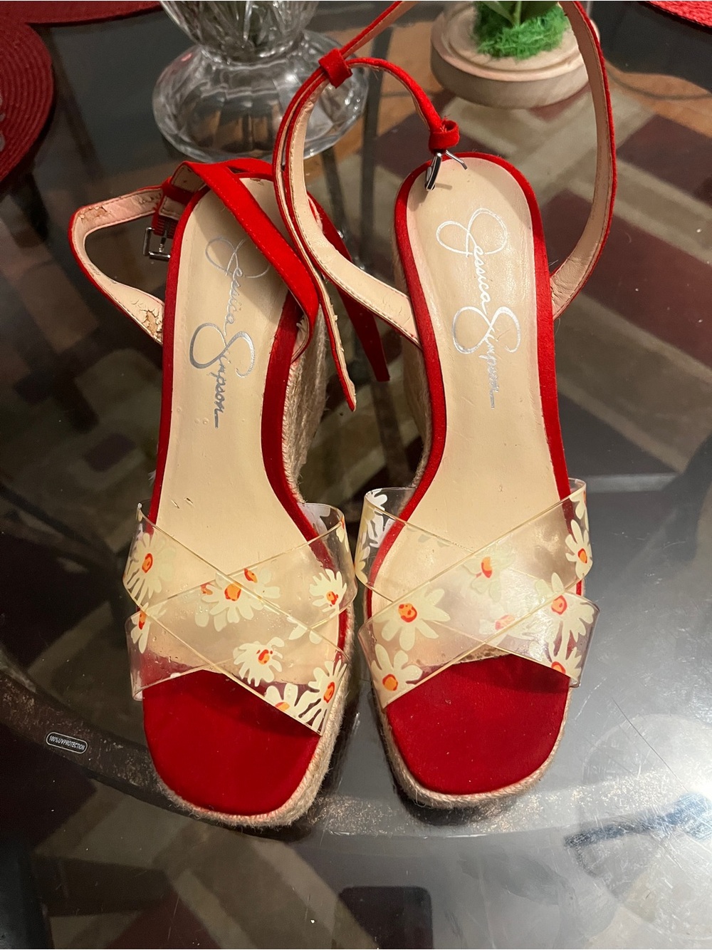 Jessica Simpson Red Floral Clear-Strap Wedge Sandals